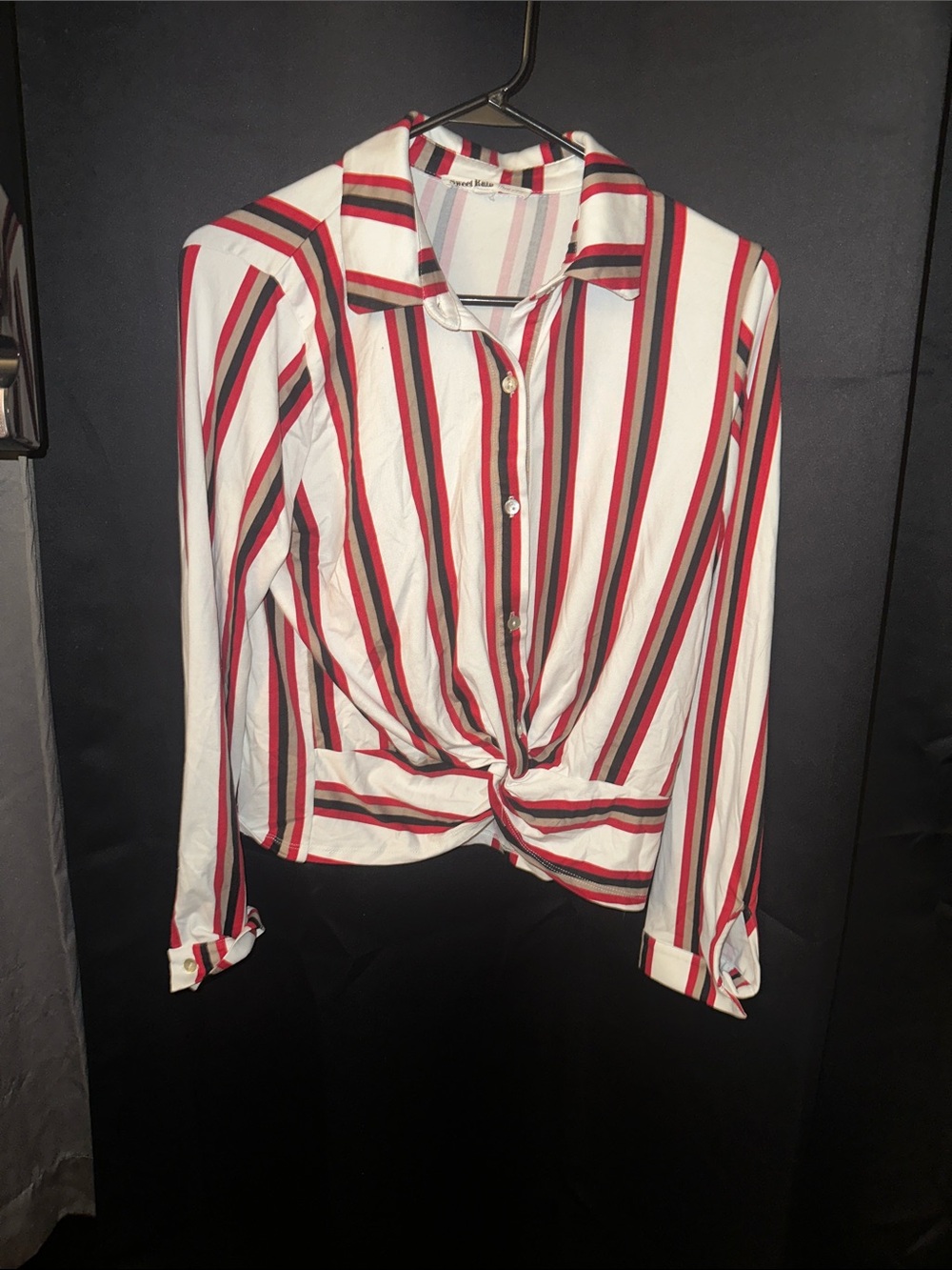 Sweet Romeo White Button-Down Shirt with Red & Black Stripes